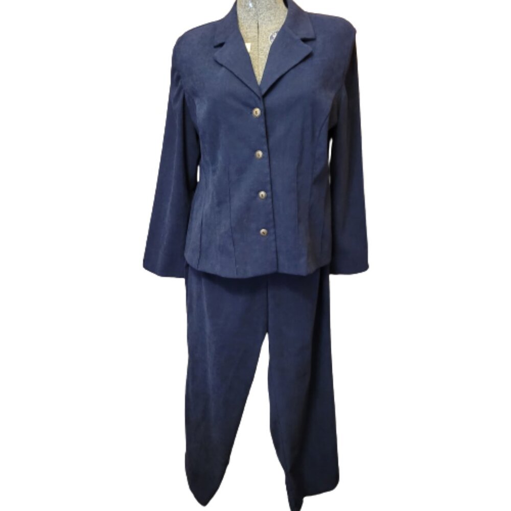 R & K Originals 2 Piece Pant/Jacket Suit Size 16, Suede Look Navy Blue